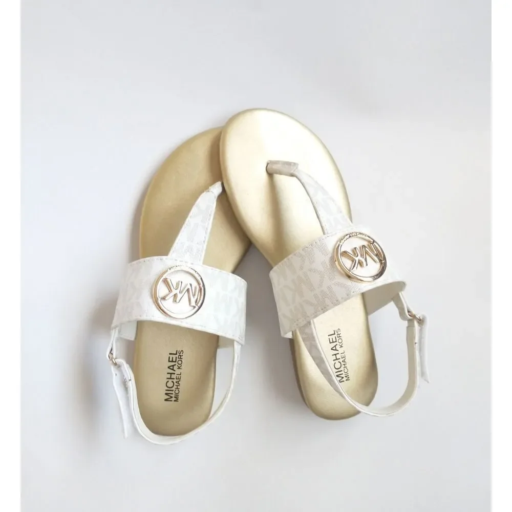 New! MICHAEL KORS Girls Marlie MK Logo T-Strap Sandals Shoe NWOB White Soft Gold